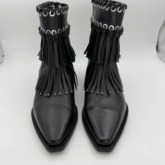 ZARA women’s Fringe Cowboy studded genuine leather Ankle Boots pull on Bootie 8 - Picture 3 of 9